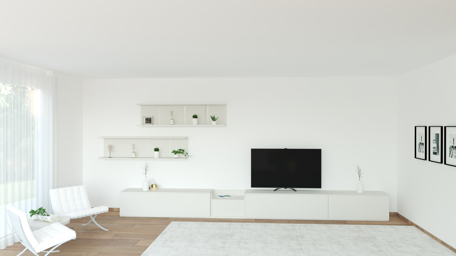 Soggiorno Contemporaneo lineare con cassetti e mensole