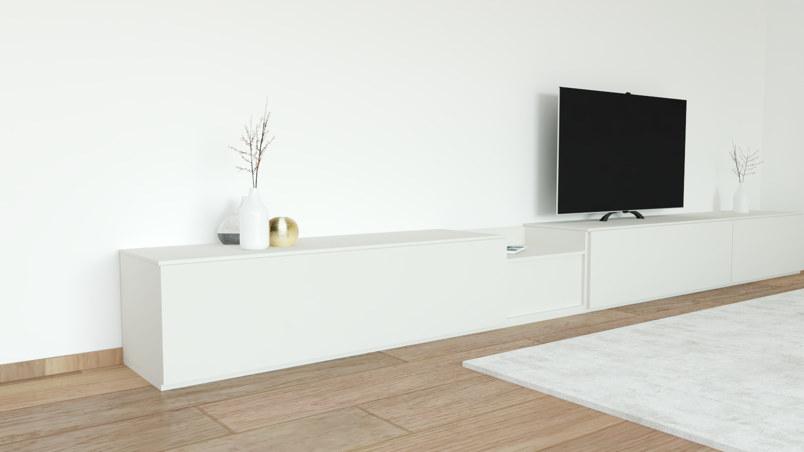 Soggiorno Contemporaneo lineare con cassetti e mensole