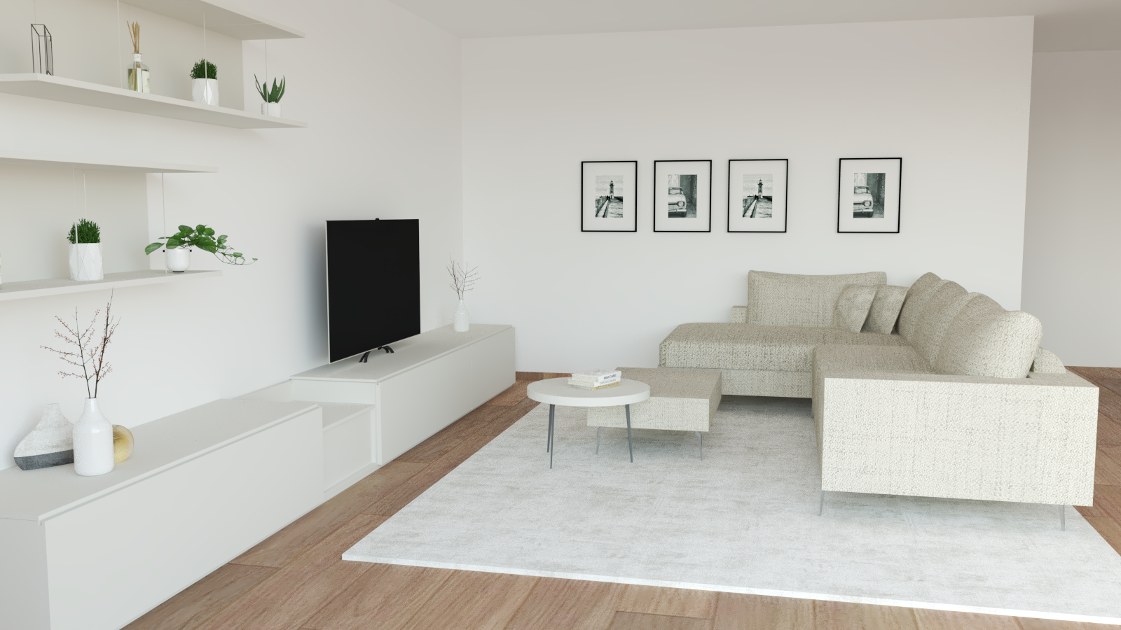 Soggiorno Contemporaneo lineare con cassetti e mensole